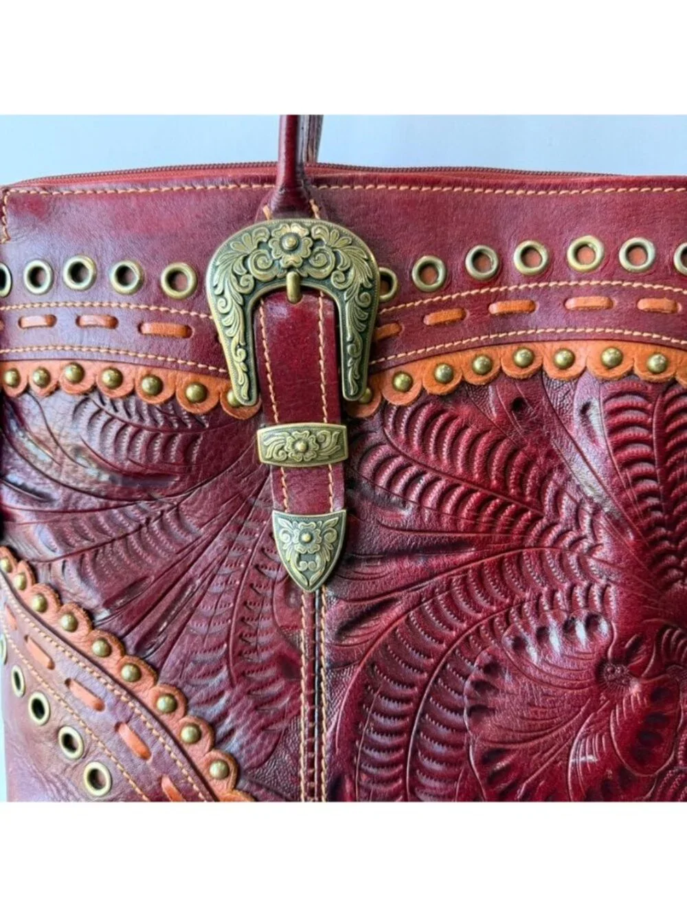 American West Tooled Leather Burgundy Western Shoulder Handbag Purse